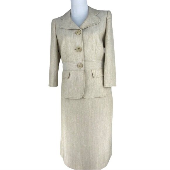 Tahari Women's Neutral Tan Herringbone Career Blazer‎ & Skirt Suit Set 6/C36/W30 - Picture 1 of 16
